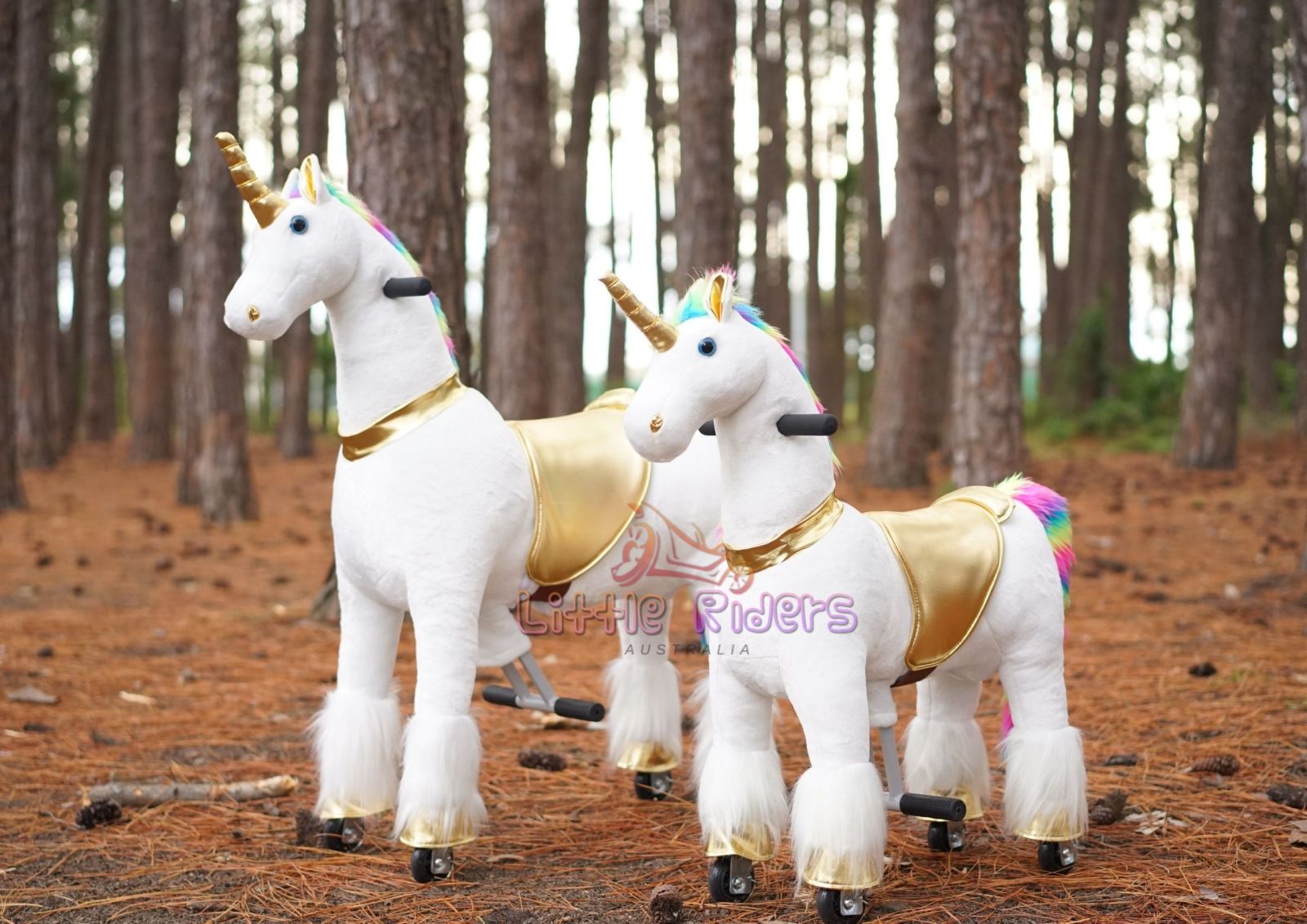Ride on toys - Rainbow and golden ride on unicorns in medium and small