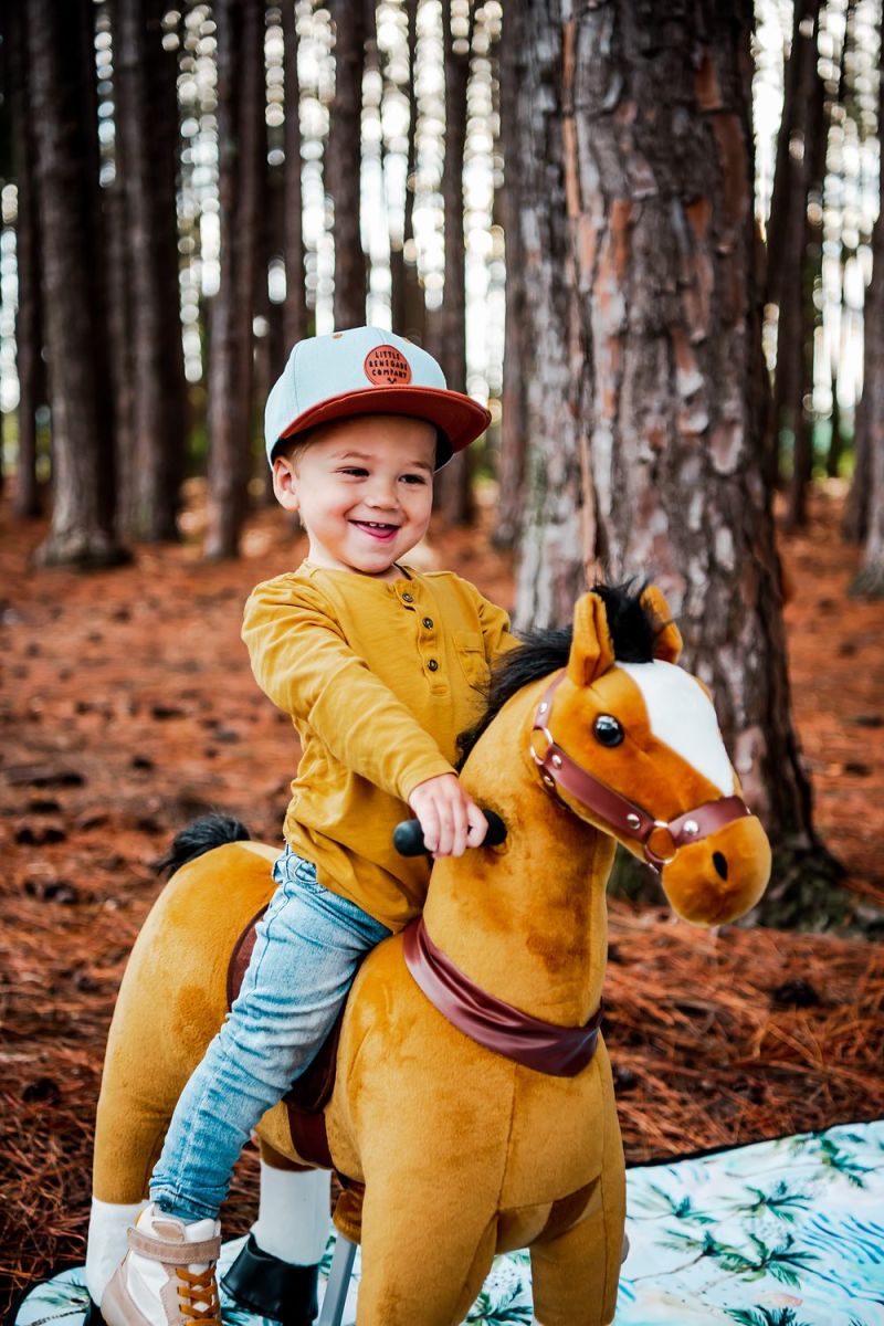 Little Riders brown ride-on horse toy - boy smiling while riding his brown horse in the forest