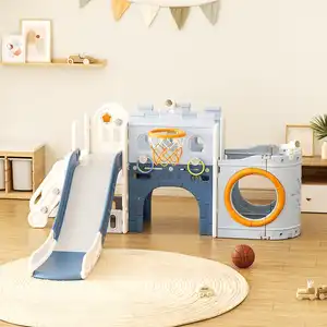 Grand Fortress Adventure Playset Slide, Tunnel, Stairs and Hoop - Blue + ZeeMats Dark Grey (Large) Bundle