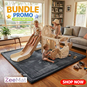 Little Riders Australia Smile Bus Slide indoor and outdoor kids activity center - Beige + ZeeMats Dark Grey (Medium) Bundle