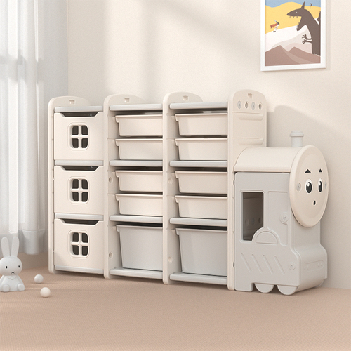 Train Shaped Toy Organiser Storage Rack 10 Bins and 3 Cupboards - White