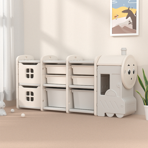 Train Shaped Toy Organiser Storage Rack 6 Bins and 2 Cupboards - White
