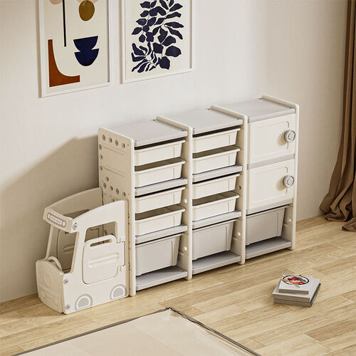 Bus shaped Toy Organiser Storage rack with 11 bins and 2 cupboard