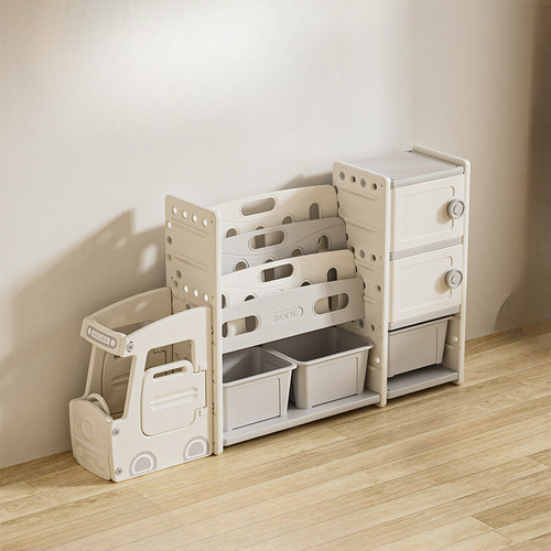 Bus shaped Toy Organiser Storage rack with bookshelf, 3 bins and 2 cupboards