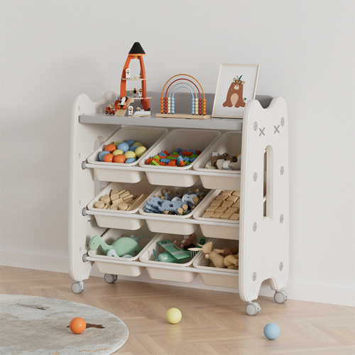 Toy Organiser Storage Rack with wheels, 9 bins and a shelf