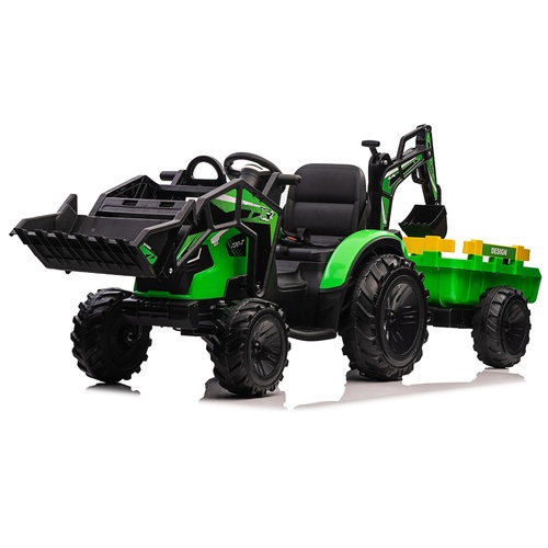 12V Ride On Tractor 2 In 1 With Trailer And Excavator - Green