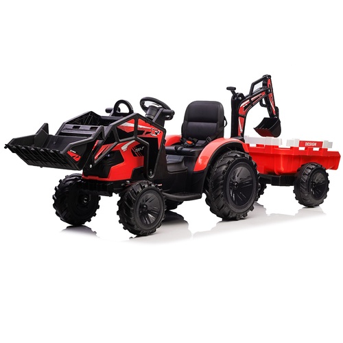 12V Ride On Tractor 2 In 1 With Trailer And Excavator - Red